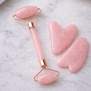 Set Of 3 : Rosa Quartz Roller + 2 Gua Sha Face